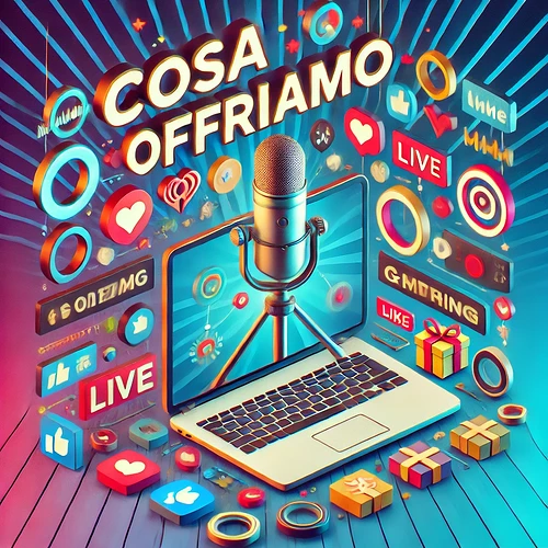 DALL·E 2024-09-18 03.13.42 - An engaging image titled 'Cosa offriamo' in bold and easily readable text. The background features elements of live streaming like a laptop, ring ligh