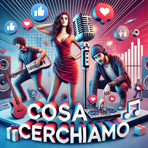 DALL·E 2024-09-18 03.12.53 - An engaging image titled 'Cosa cerchiamo' in bold. The background showcases various creative talents such as a model posing, a musician playing, and a