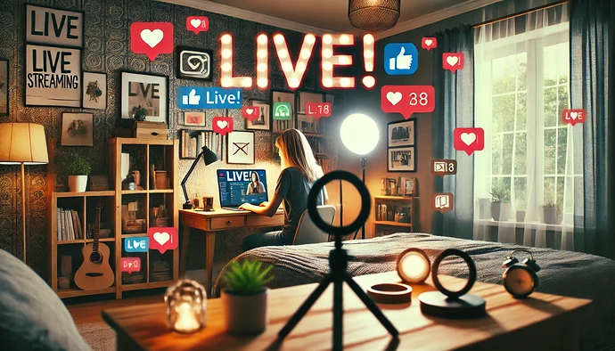 DALL·E 2024-09-18 03.17.56 - A cozy home setting with a person live streaming from their bedroom, with the word 'LIVE!' prominently displayed on the screen. The individual is sitt